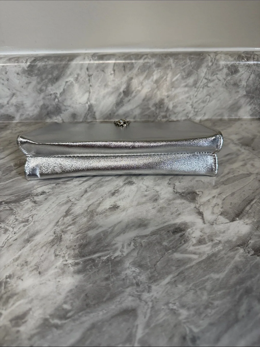 Silver Metallic Evening Clutch Bag Rhinestone Kiss Lock Chain Strap Formal Weddi